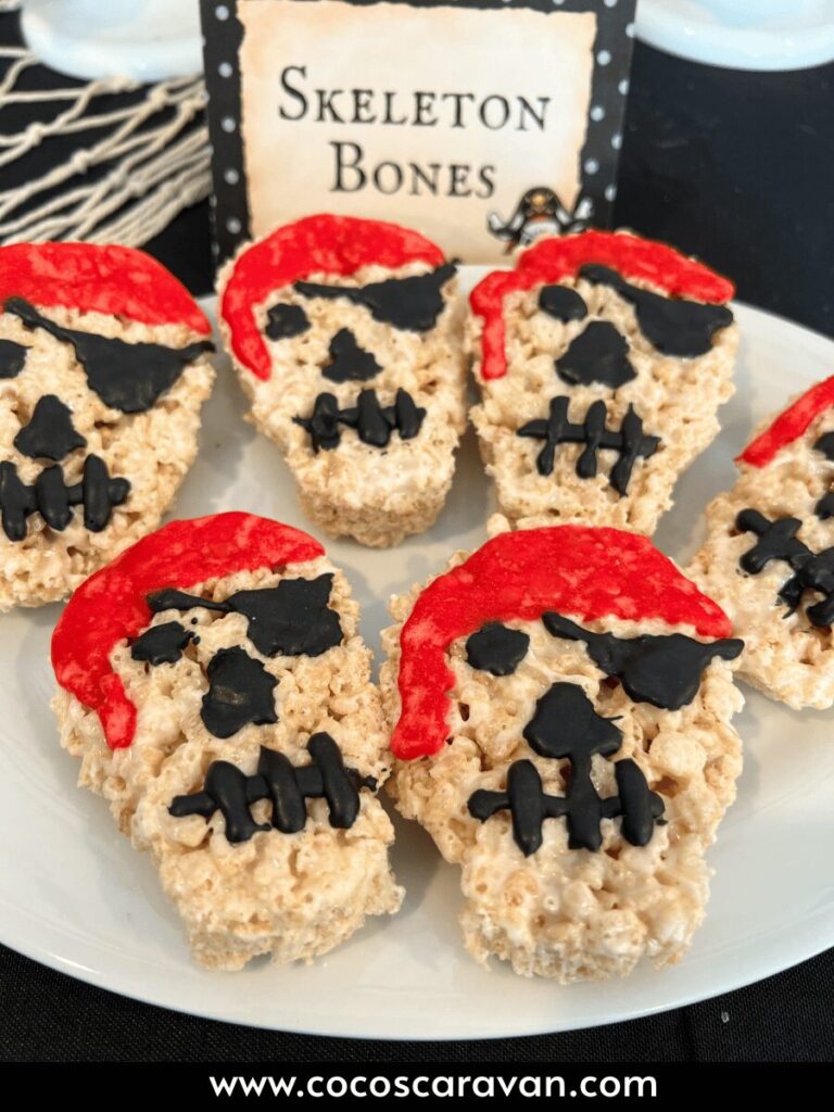 For easy pirate party treats, I made fun skull Rice Krispies that were a hit with the kids! They’re super simple to make and fit the theme perfectly. I love finding creative ways to turn classic treats into something fun for the party.