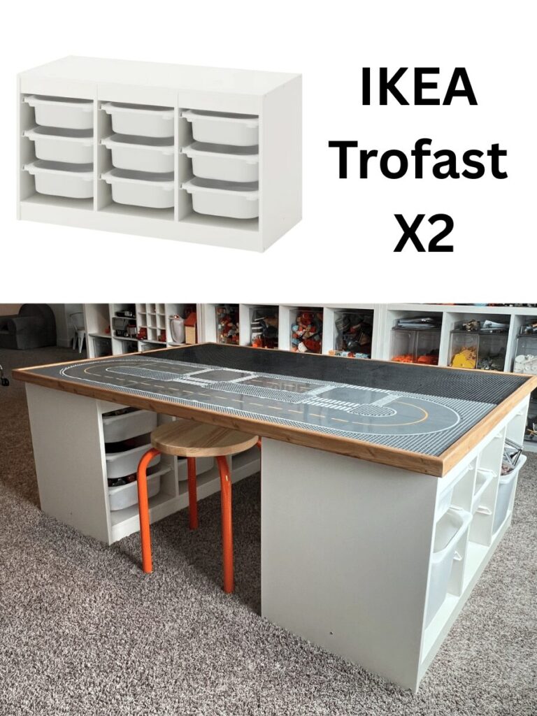 Looking for a simple way to create a LEGO table without building an entire piece of furniture? This DIY LEGO table top is such a fun and functional project—and it’s easier than you think! One side is covered with LEGO baseplates for building, and the other is a smooth surface perfect for everyday use like drawing, puzzles, or snacks. The best part? It rests right on top of IKEA Trofast storage units, so you don’t even have to build a base!