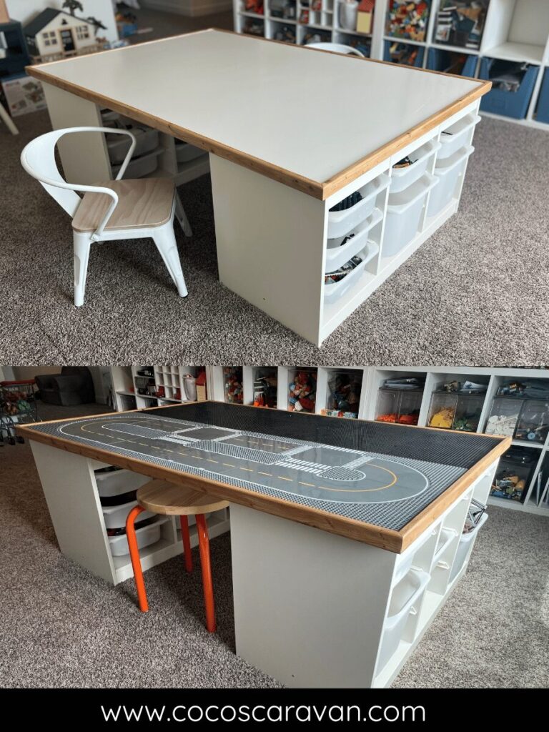 Looking for a simple way to create a LEGO table without building an entire piece of furniture? This DIY LEGO table top is such a fun and functional project—and it’s easier than you think! One side is covered with LEGO baseplates for building, and the other is a smooth surface perfect for everyday use like drawing, puzzles, or snacks. The best part? It rests right on top of IKEA Trofast storage units, so you don’t even have to build a base!