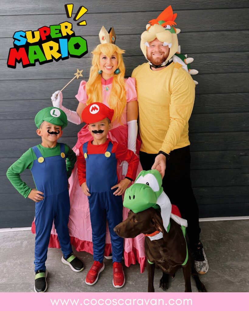 Create a DIY Super Mario costume for the whole family even the dog! Follow this easy tutorial to dress up as Mario, Luigi, Princess Peach, and more for a fun and affordable group Halloween costume idea.