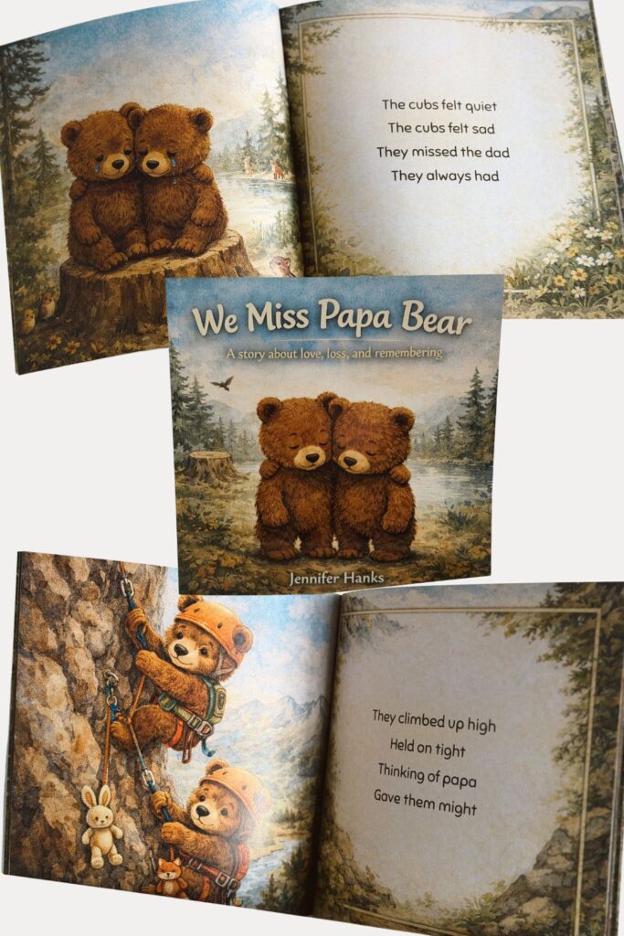 Looking for a children’s book about grief? We Miss Papa Bear gently helps kids feel close to the ones they miss by remembering them and doing the things they loved.