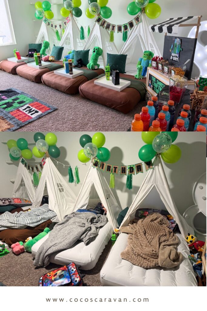 Create the ultimate Minecraft tent party with cozy tents, themed snacks, and fun decor kids will love. Grab my free printable food labels and see how I made a themed banner to tie it all together