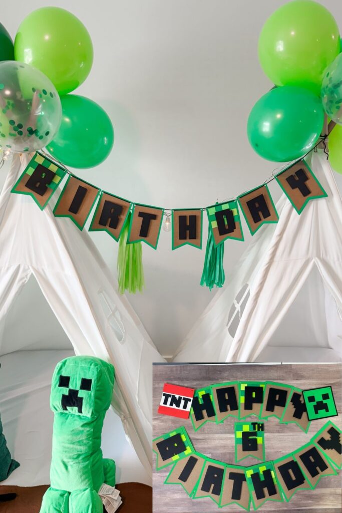 Create the ultimate Minecraft tent party with cozy tents, themed snacks, and fun decor kids will love. Grab my free printable food labels and see how I made a themed banner to tie it all together
