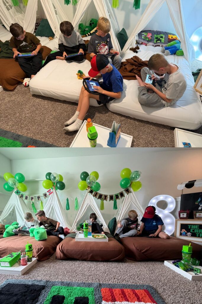 Create the ultimate Minecraft tent party with cozy tents, themed snacks, and fun decor kids will love. Grab my free printable food labels and see how I made a themed banner to tie it all together